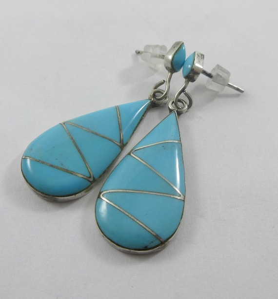 Vibrant Native American Zuni Inlay Blue Gem Turquoise Coral Sterling Silver Earrings Vibrant Native American Zuni Inlay Blue Gem Turquoise Coral Sterling Silver Earrings