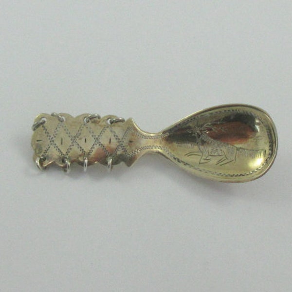 Mid Century Sweden Gold over Sterling Etched Reindeer Cut Out Heart Spoon Brooch