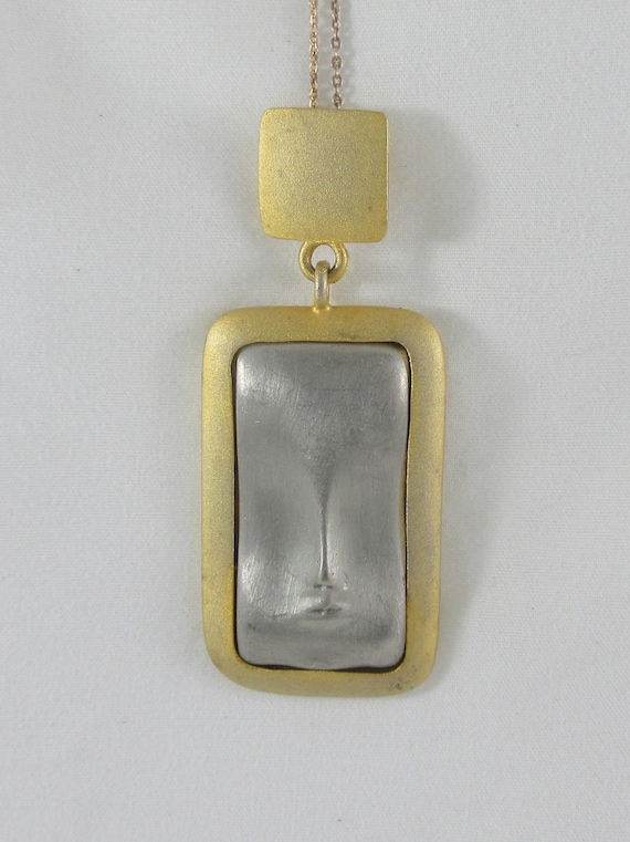 Modernist Gold Silver Tone Face Pendant w. Gold St