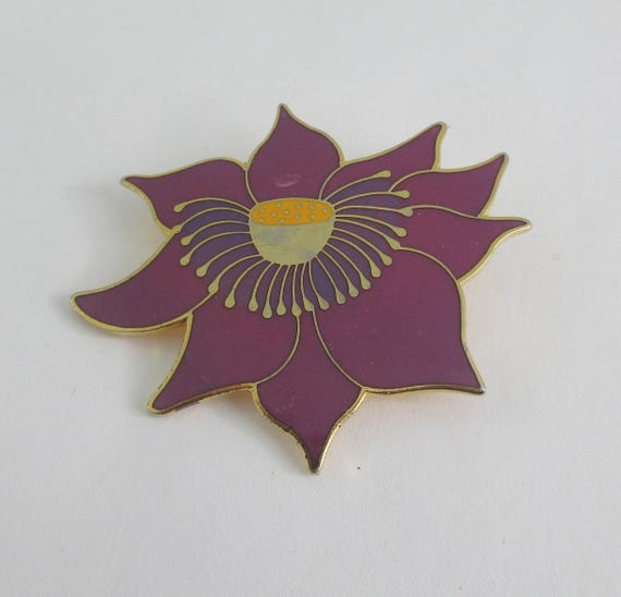 Signed Laurel Burch "Lotus" Gold Tone Purple Enamel Stylized Lotus Brooch- AS IT IS