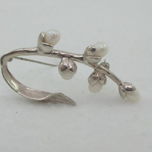 Artisan Signed Sterling Silver Cultured Pearl Leaf Brooch