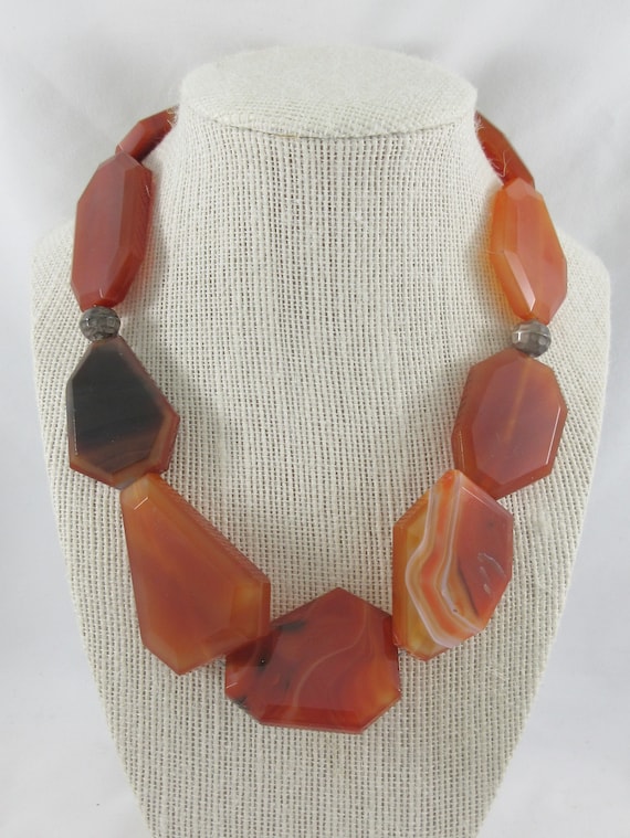 Statement Dark Red Orange Agate Slab Necklace w. … - image 3
