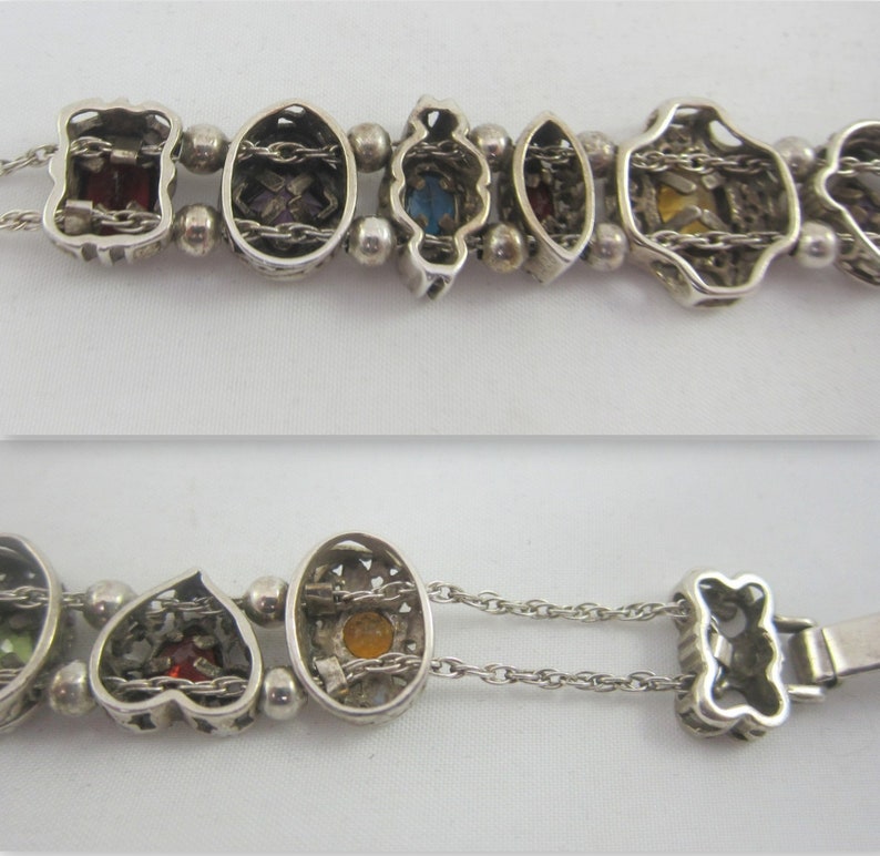Summer SALE Sterling Silver Multi Gem 9 Charms Slide Victorian Revival Style Bracelet