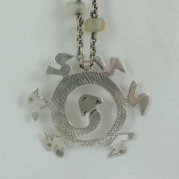 Peru Graziella Laffi Modernist Sterling Silver Etched Snake Bird Pendant w. Sterling Chain