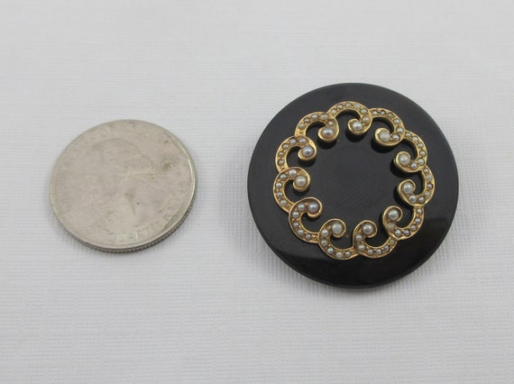 Antique Victorian Onyx Seed Pearls Mourning Round… - image 2