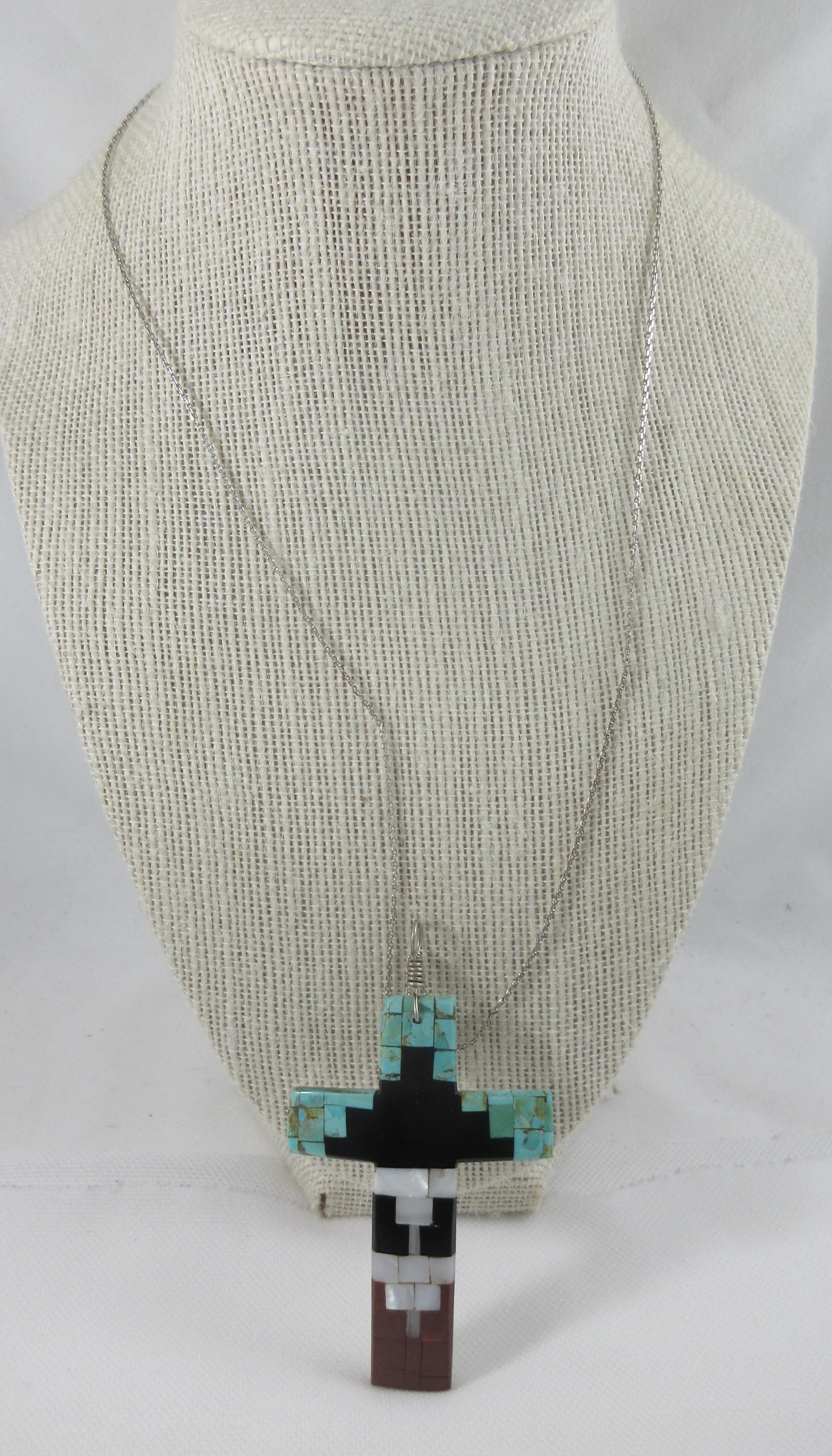 Santo Domingo Sterling Silver Multi Stone Inlay Cross Pendant W