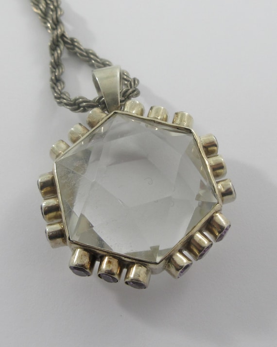 Large Sterling Silver Hexagonal White Quartz Amet… - image 1