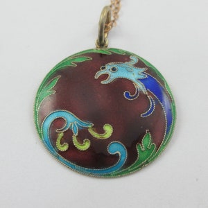 Early Laurel Burch Gold over Sterling Silver Enamel Cloisonne Dragon Round Pendant w. Gold Filled Chain