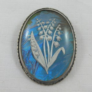 Large T. M. & Co. Thomas Mott Sterling Silver Butterfly Wing Lily of the Valley Floral Cameo Brooch