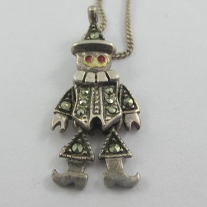 Sterling Silver Articulated Marcasite Red Spinel Eyes Harlequin Pendant w. Sterling Chain