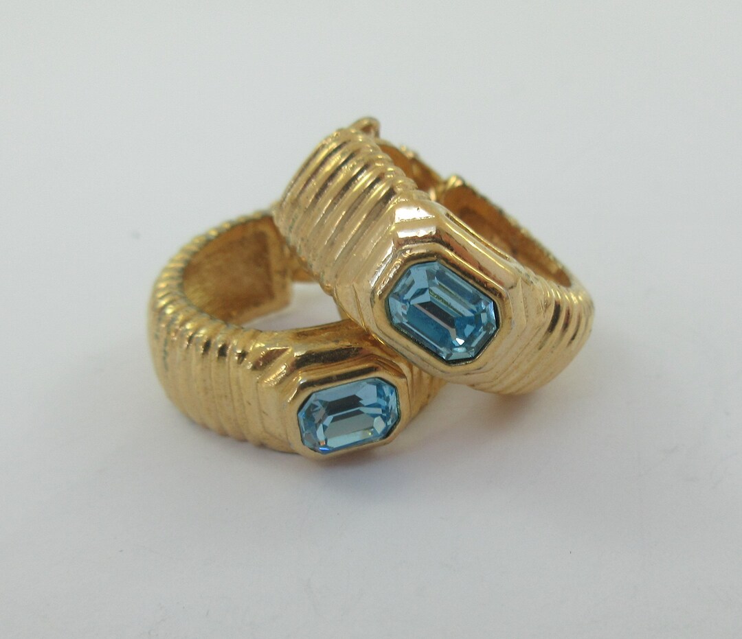 Christian Dior Gold Tone Striated Blue Rhinestone Hoops Clip on ...