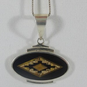 Southwestern Sterling Silver Multi Stone Inlay Geometric Pendant w. Sterling Chain