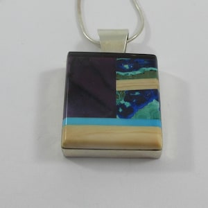 Zuni Dylan Poblano Sterling Silver Inlay Geometric Pendant w. Sterling Chain