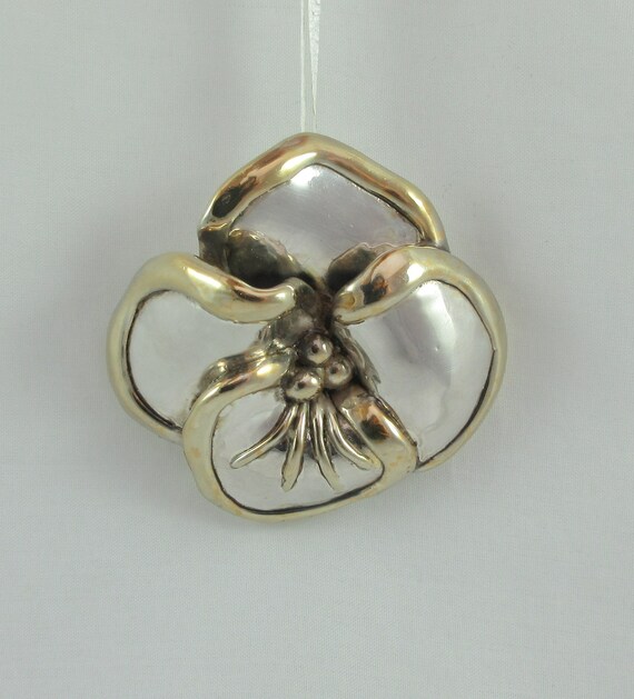 Large Vermeil Sterling Silver Pansy Flower Brooch… - image 5