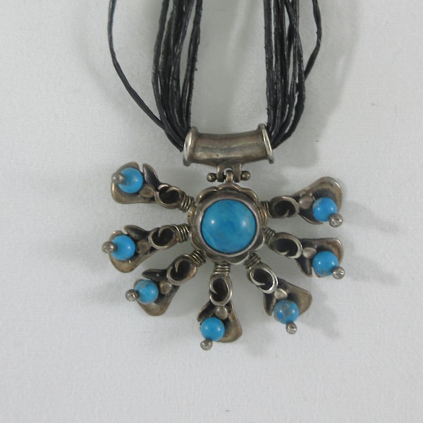 Sterling Silver Turquoise Flower/ Snowflake Pendant w. Multi Strand Black Cord