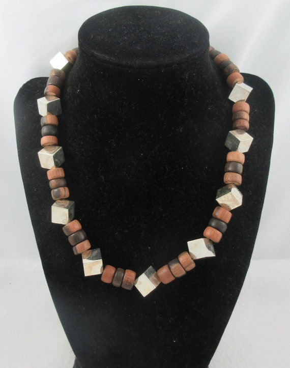 Modernist Wood Beads Sterling Silver Cubes Choker… - image 3