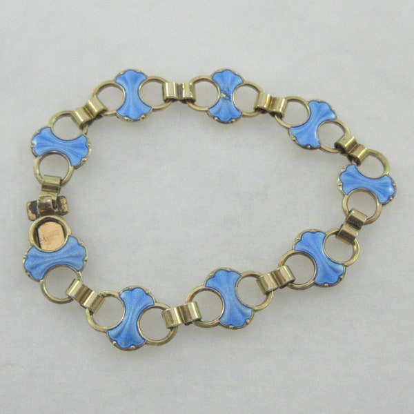 Scandinavian Gold over Sterling Silver Blue Enamel Bow Link Bracelet- As it is - Small Wrist