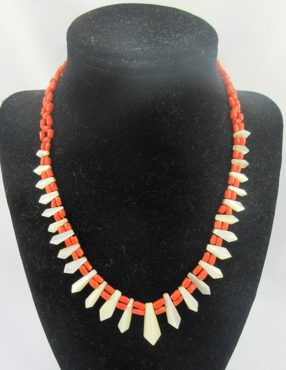 Hand Made Coral Beads and Mother of Pearl Choker N