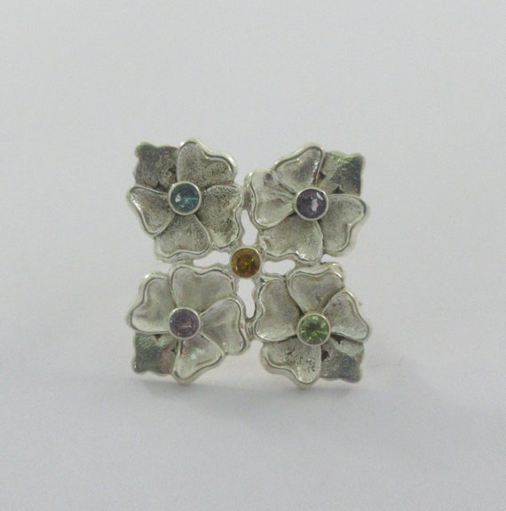 Sterling Silver Amethyst Glass Floral Brooch - image 3