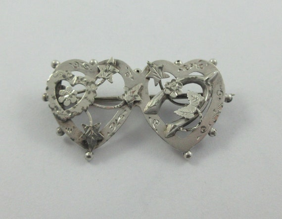 Antique Victorian Sterling Silver Double Heart Fl… - image 3