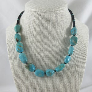 May include: A turquoise and black necklace with large, oval-shaped turquoise beads. The necklace is strung on a black cord.