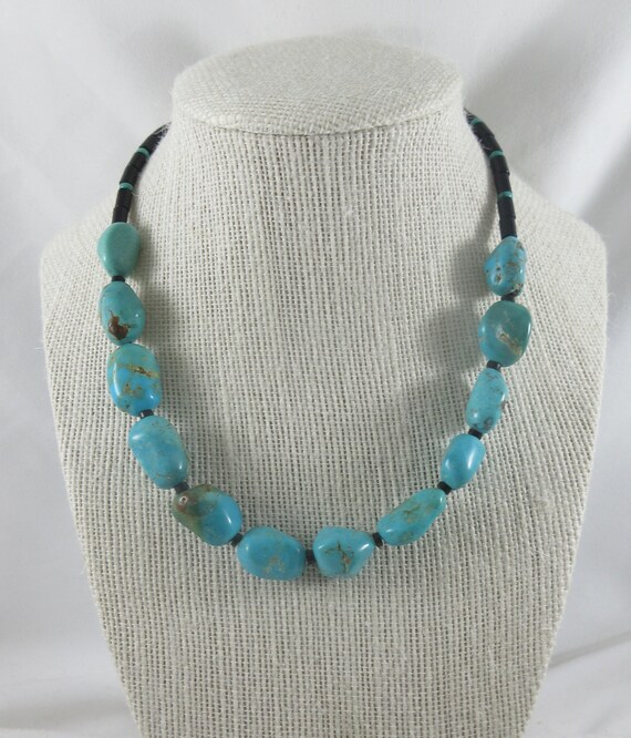 Southwestern Turquoise Beads Black Heishi Beads w. Sterling Silver Claps