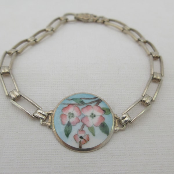 AEF Co Art Deco Sterling Silver Hand Painted Enameled Floral Bracelet