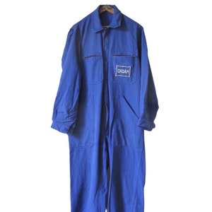 Vintage French industrial Workwear zip chore coveralls Blue cotton boiler jumpsuit with patch #casam