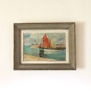 1960s French Signed Nautical Oil Harbour painting with sailboats and fisherman • vintage marine • seascape