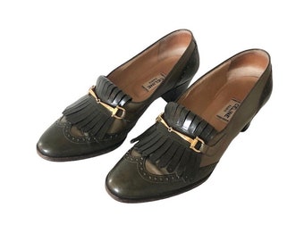 CELINE vintage two tones green leather fringes and gold mors heels loafers shoes • Size 37 FR