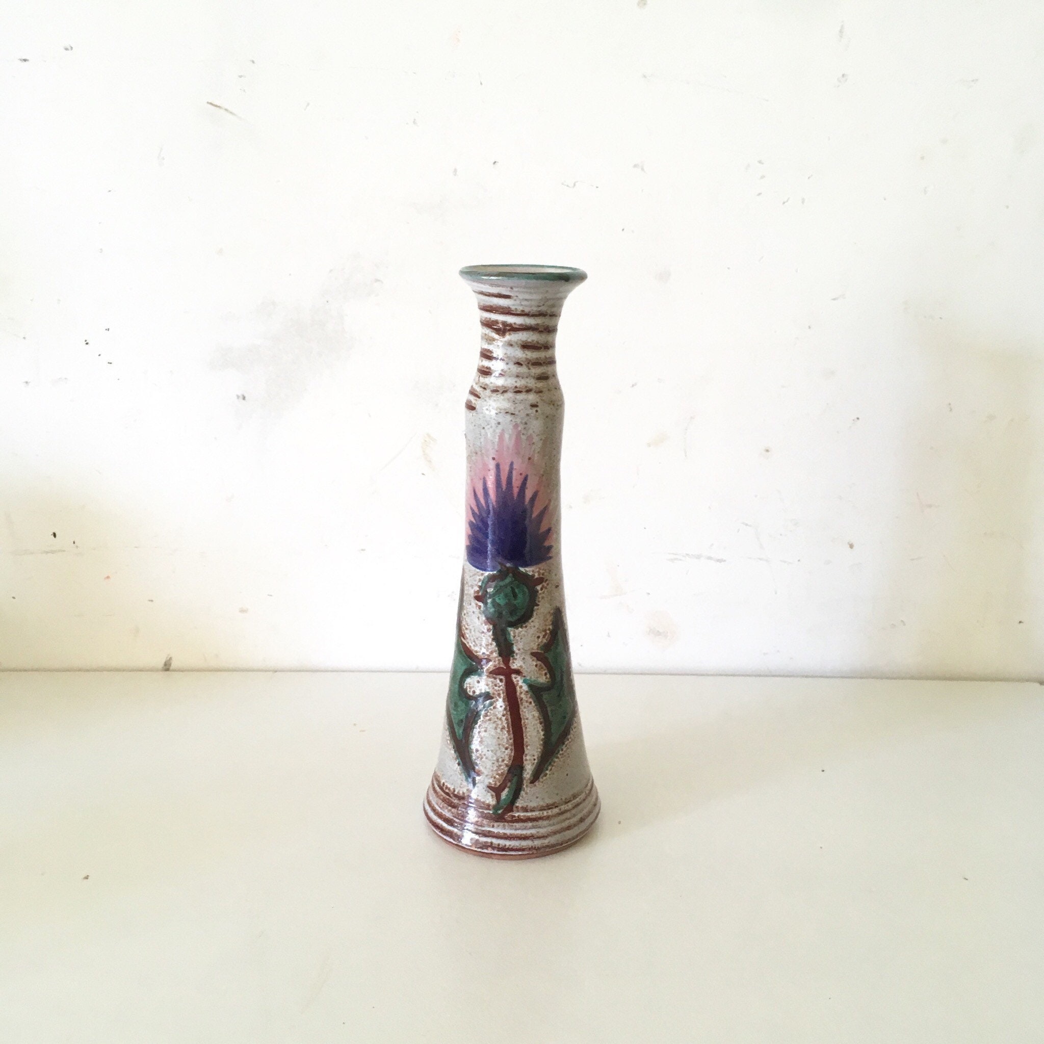 70S Vallauris Français Poterie Fleur Sauvage Chardon Vases - Vintage à La Main Fait