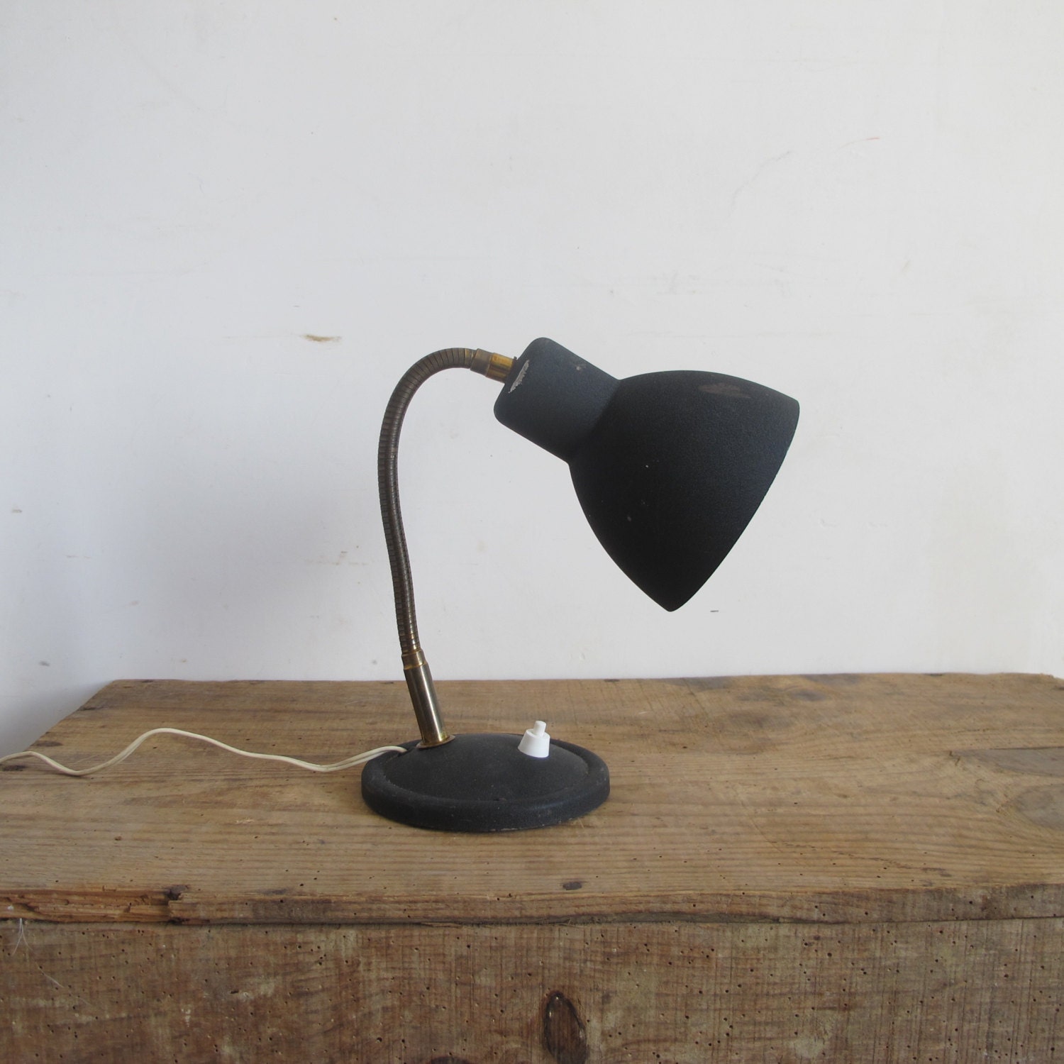 Atelier Industriel Vintage Noir & Laiton Français Col de Cygne Métal Table Lampe Des Années 60-70/Bu