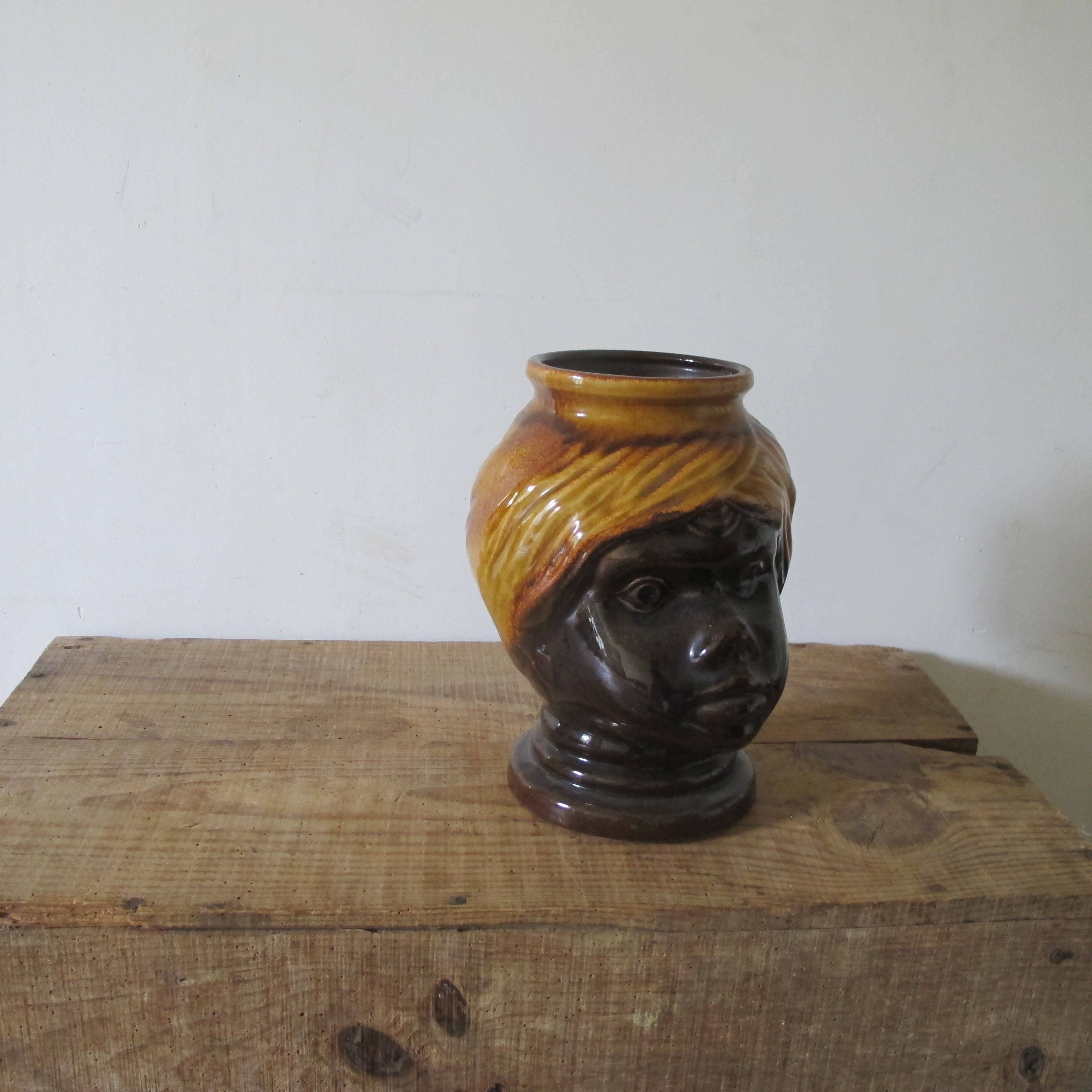Vintage Rare Head Turban Man Blackmoor Baroque Vase Planteur en Céramique Par Scheurich