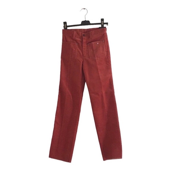Pantalon taille haute vintage des années 70 en velours côtelé pour enfant, poussiéreux rouge-marron • fabriqué en France • neuf à partir de stock ancien • 9 ans
