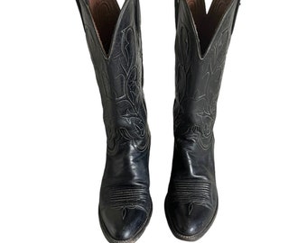 Bottes de cow-boy en cuir noir vintage des années 80 LUCCHESE 6,5 US fabriquées aux États-Unis