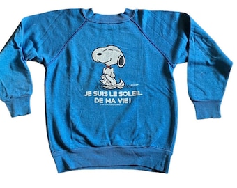 1970s RARE French Snoopy vintage blue raglan Kids paper thin Sweatshirt