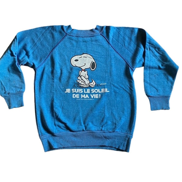 RARE French Snoopy vintage bleu raglan Kids Sweatshirt mince comme du papier