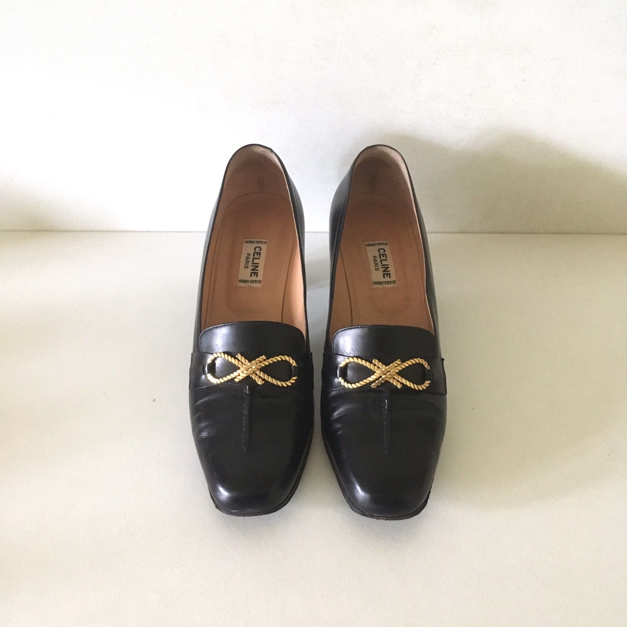 CELINE Black Leather and Gold Link Chain Heels Loafers Shoes - Etsy