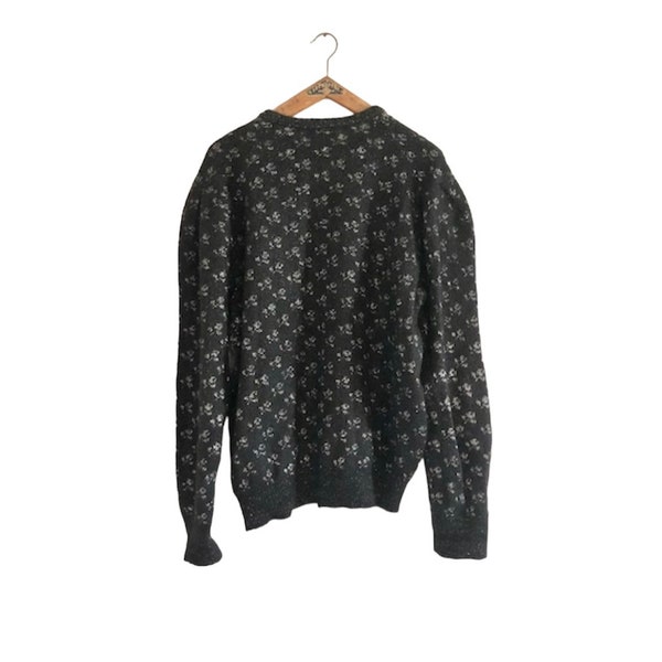 Pull noir vintage en laine de mohair et fleurs argentées métalliques, pull en maille pailleté