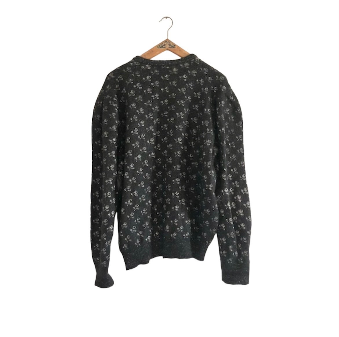Vintage Mohair Wool and Metallic Silver Flower Black Sweater 