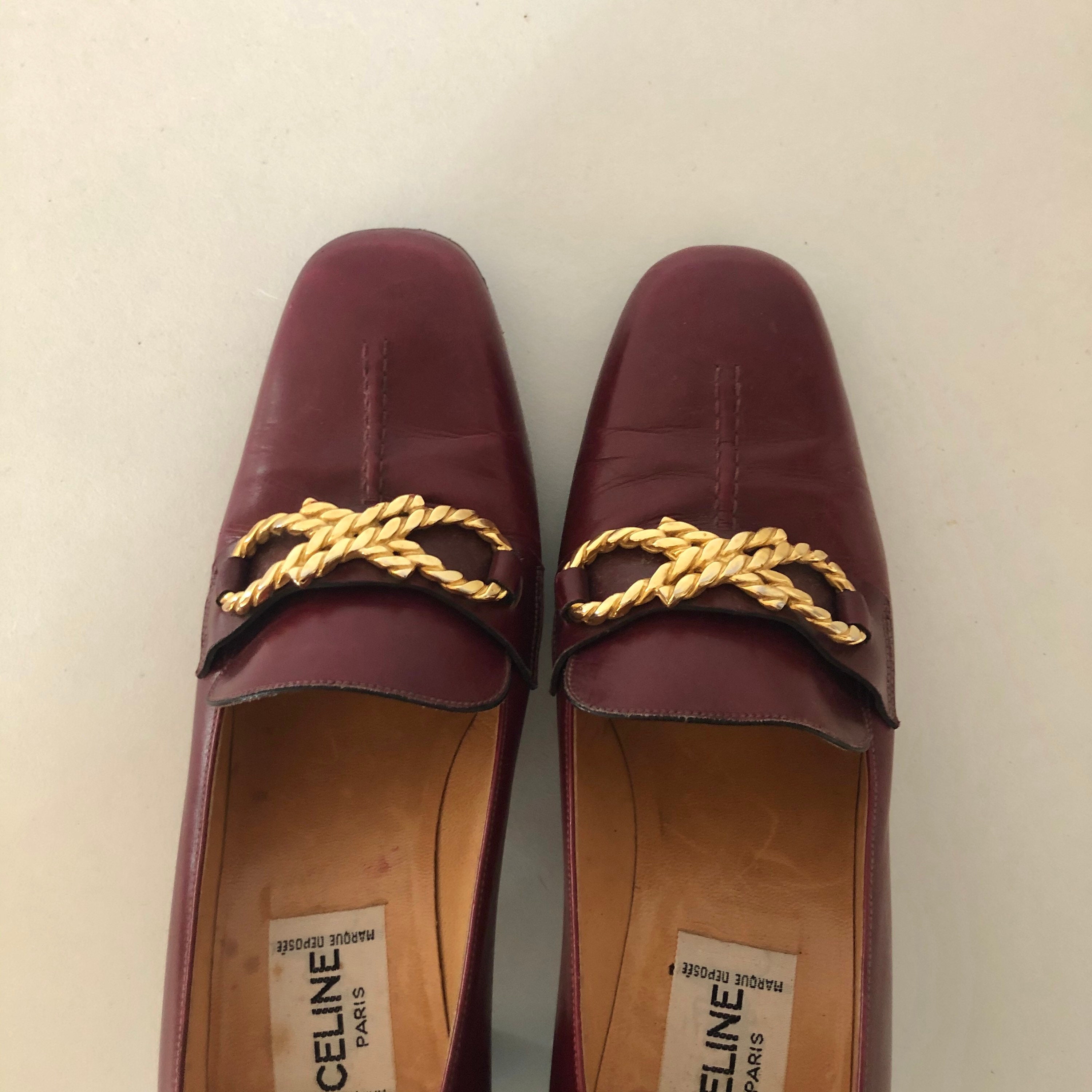 CELINE Vintage Burgundy Leather and Gold Link Chain Heels