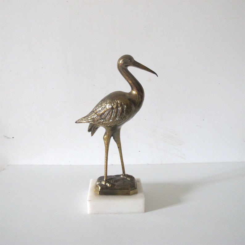 Vintage Grue Oiseau Heron Figurine Statue Métallique En Laiton Sur Socle De Pierre Signé