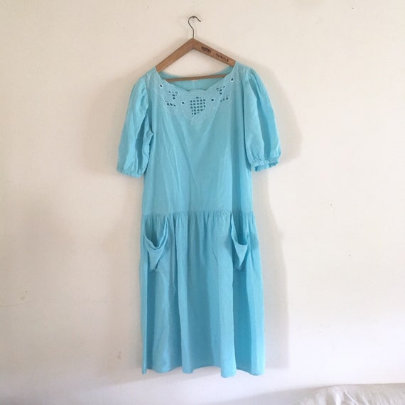 Vintage 80s cotton turquoise short balloon sleeves