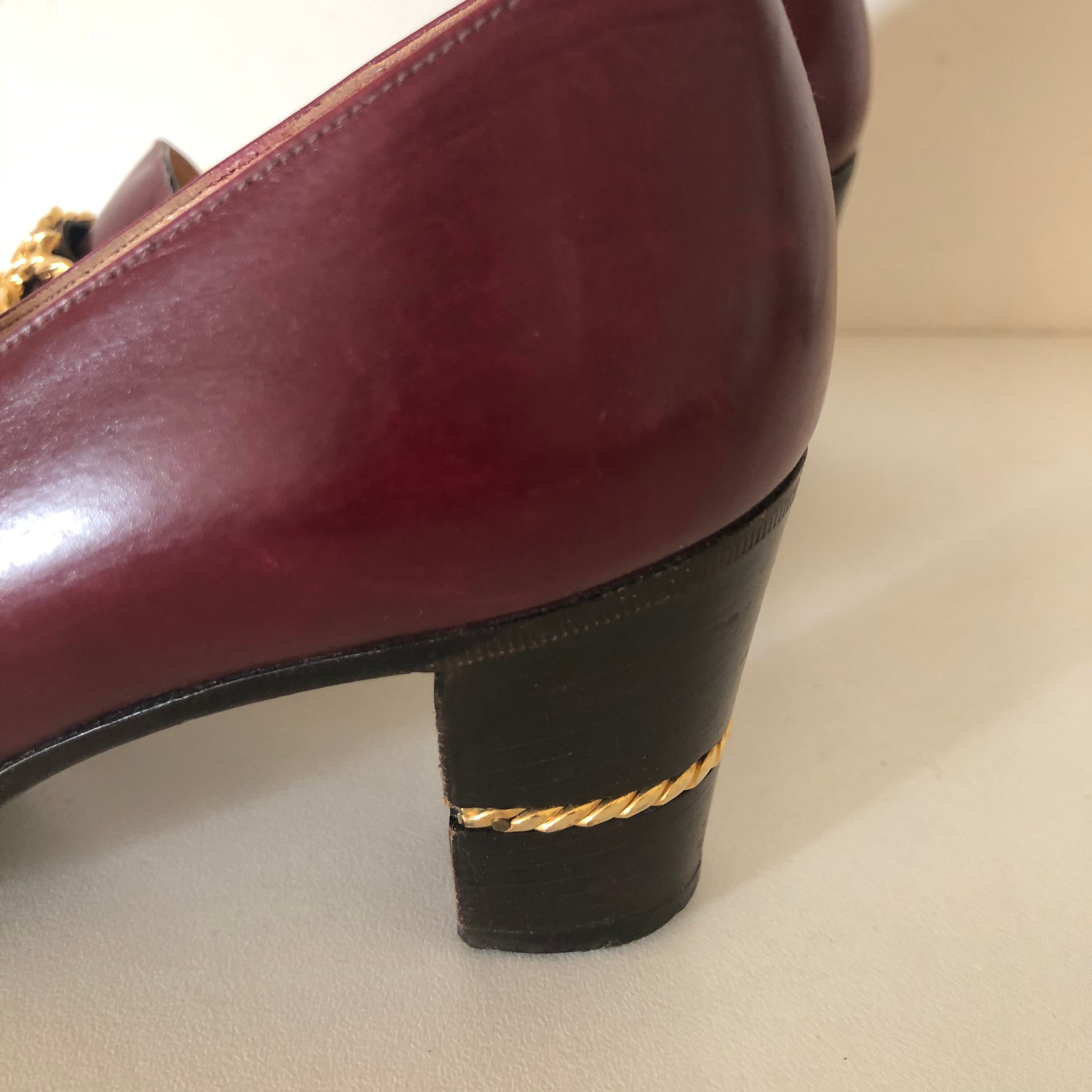 CELINE Vintage Burgundy Leather and Gold Link Chain Heels