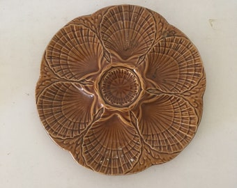 Vintage shell plate shell brown Sarreguemines French 70s ceramic