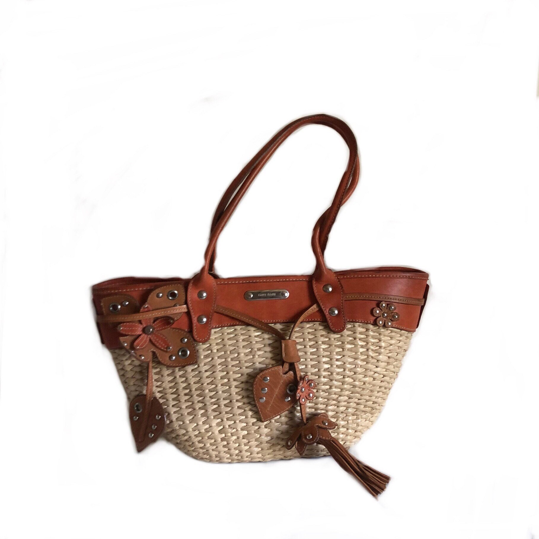 Miu Miu Vintage Straw and Leather Flower Basket Shoulder Bag