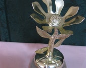 Avon metal flower perfume bottle, 5 inches tall, Keepsake jar, Bird of Paradise cream sachet, vintage condition