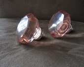 2 x glass drawer pull, matching pair, drawer cabinet knob, rose pink glass, vintage condition