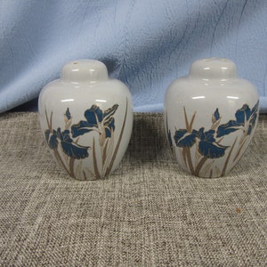 May include: A pair of ceramic salt and pepper shakers with a light grey background and blue and gold iris flower designs.