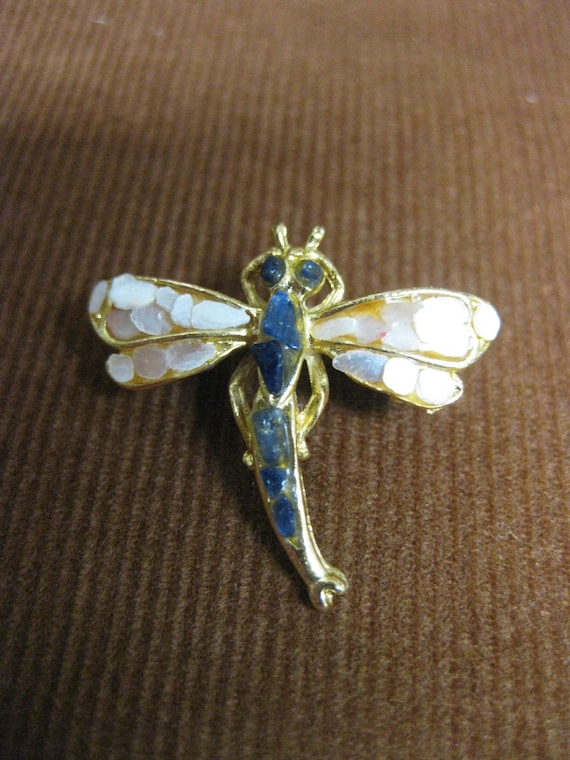 Dragonfly brooch, blue body, pale pink wings, 1 i… - image 1